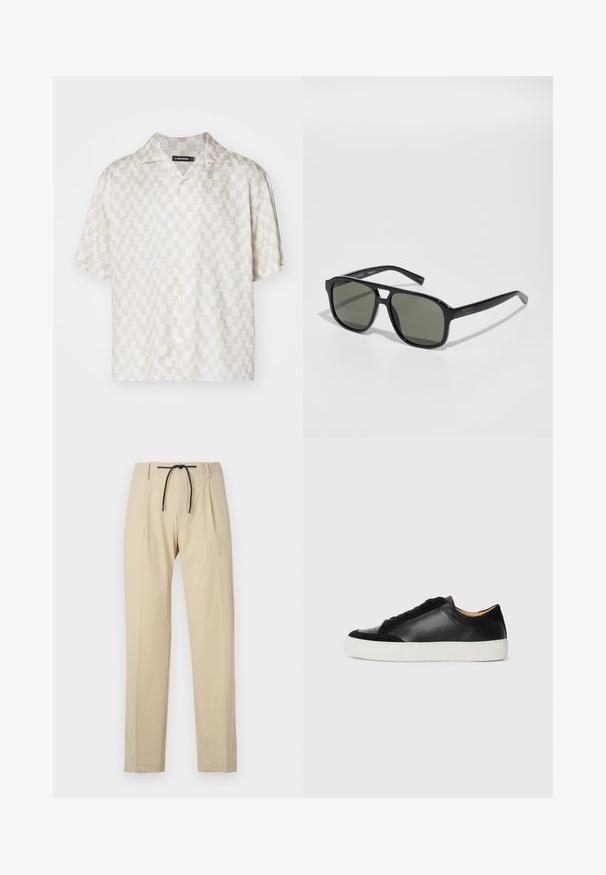 Košile s krátkým rukávem s krémovým a béžovým geometrickým vzorem, lehká tkanina, límec s výřezem a pět knoflíků na přední straně.; Bežové kalhoty se rovný fit, mají elastický pas, sklady na přední straně a hladkou strukturu. Jednoduchý, univerzální design.; Černé kožené tenisky s semišovými akcenty, kulatá špička, plochá bílá gumová podrážka a kontrastní textury na těle a tkaničkách.; Černé obdélníkové sluneční brýle se zelenými skly, lesklým rámem, kovovými detaily a zlatým logem na spánku.