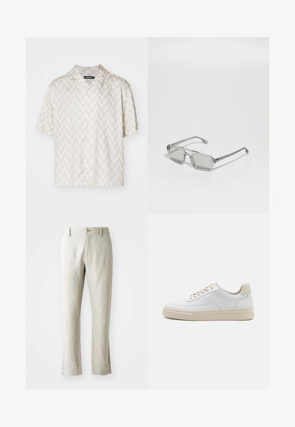 Camicia a maniche corte con un motivo geometrico color crema e beige, tessuto leggero, colletto a punta e cinque bottoni sul davanti.; Pantaloni in lino beige chiaro con taglio dritto, sottile texture, chiusura frontale con bottone e due tasche laterali. Progettati per una silhouette pulita.; Sneaker bianco con tomaia in pelle liscia, lacci beige e linguetta sul tallone in suede beige testurizzato. Suola rialzata per un maggiore slancio.; Emporio Armani Occhiali da sole - shiny transparent grey