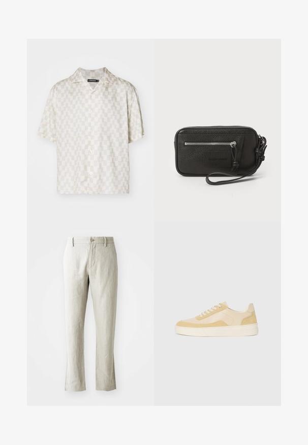 Camicia a maniche corte con un motivo geometrico color crema e beige, tessuto leggero, colletto a punta e cinque bottoni sul davanti.; Pantaloni in lino beige chiaro con taglio dritto, sottile texture, chiusura frontale con bottone e due tasche laterali. Progettati per una silhouette pulita.; Sneakers in morbido camoscio e pelle giallo chiaro, con una suola imbottita e dettagli cuciti. Design classico con lacci e punta rotonda.; Clutch nera in pelle con superficie testurizzata, tasca frontale con zip e tracolla rimovibile. Presenta una patch con logo sul davanti. Forma rettangolare.