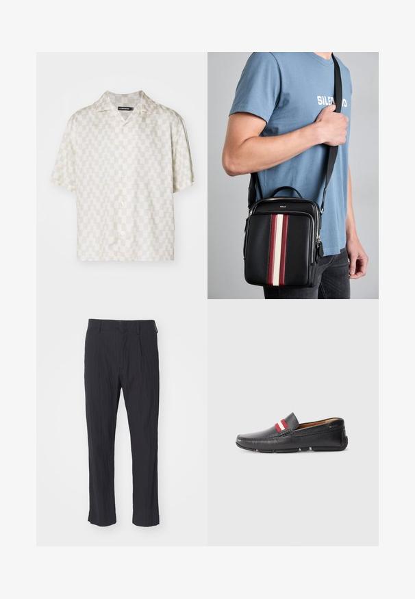 Trumpas rankovės marškinis su kreminiu ir smėlio geometriniu raštu, lengvas audinys, iškirptė su išpjova, ir penki mygtukai priekyje.; Juodos pregamos kelnės su tekstūruotu audiniu, turinčios tiesią kojos dizainą ir standartinį liemenį. Nėra matomų kišenių ar metalinių detalių.; Juodos odinės slip-on tipo bateliai su tekstūruota paviršių, raudonu ir baltu dryžuotu akcentu ant viršaus, apvaliu nosiu ir guminėmis padangomis.; Juodas odinis per petį nešiojamas krepšys su raudonomis, baltomis ir smėlio spalvos vertikaliomis juostelėmis. Turintis viršutinę rankeną ir reguliuojamą dirželį. Matoma užtrauktuko uždengimo sistema.