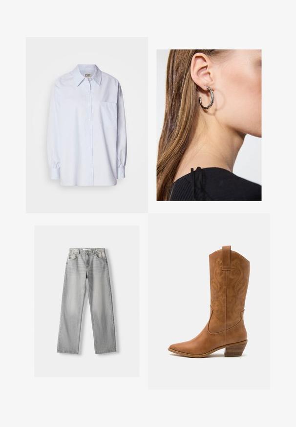 Cămașă din bumbac de culoare albastru deschis, cu guler ascuțit, mâneci lungi și un singur buzunar pe piept. Textură netedă.; Jeans din denim gri deschis cu un design drept, având două buzunare frontale, închidere cu buton și o ușoară decolorare pentru un aspect texturat.; Botă de cowboy din piele maro cu vârf ascuțit, cu modele brodate în spirală pe tambur și un toc bloc stratificat. Are o bucată pentru prindere pentru a fi îmbrăcată ușor.; Cercel din argint cu un finisaj polișat, având detalii mici din aur și o formă rotundă, purtat pe lobul urechii.