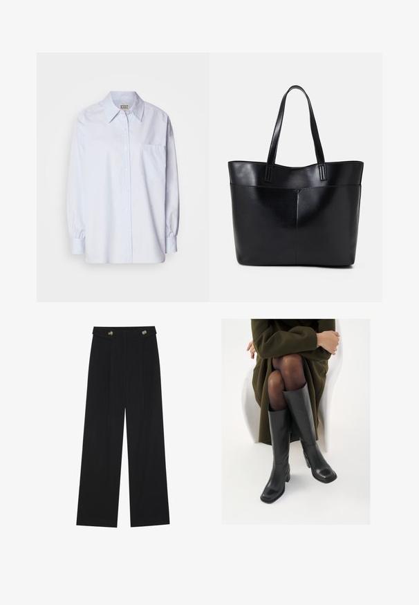 Lichtblauw button-up shirt van katoen. Heeft een puntige kraag, lange mouwen en een enkele borstzak. Zachte textuur.; Zwarte wijde broek met hoge taille, knoopdetails op de tailleband en plooien aan de voorkant.; Knieschijf hoge zwarte leren laarzen met een vierkante neus en blokhak, getoond met een model dat zit in een olijfgroene jas. Gladde textuur, minimale details.; Zwarte leren tote bag met twee lange handvatten, een zachte textuur en een gestructureerde vorm. Voorzien van een voorvak voor extra opslagruimte.