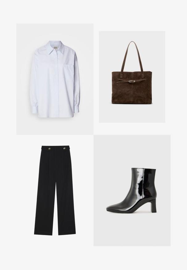 Light blue button-up shirt made of cotton. Features a pointed collar, long sleeves, and a single chest pocket. Smooth texture.; Black wide-leg trousers with high waist, button details on waistband, and front pleats.; Black patent leather ankle boot with a pointed toe and a mid-height block heel. Smooth texture and minimalist design.; Brown suede tote bag with long handles, featuring a flat body and a decorative strap with a silver-tone hardware accent.