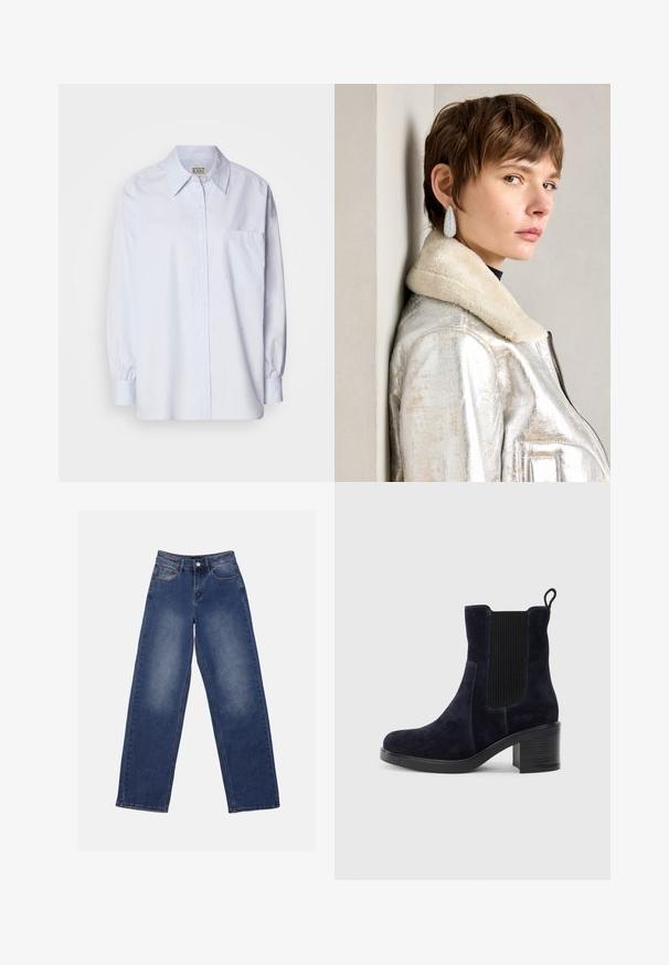 Light blue button-up shirt made of cotton. Features a pointed collar, long sleeves, and a single chest pocket. Smooth texture.; Anna Field Wide Leg - blue wash; Navy blue suede ankle boot with elastic side panel, rounded toe, and block heel. Textured fabric and smooth sole add contrast.; Silver metallic leather jacket with shearling collar, featuring a zip closure and textured surface. Large teardrop earrings with clear gemstones.