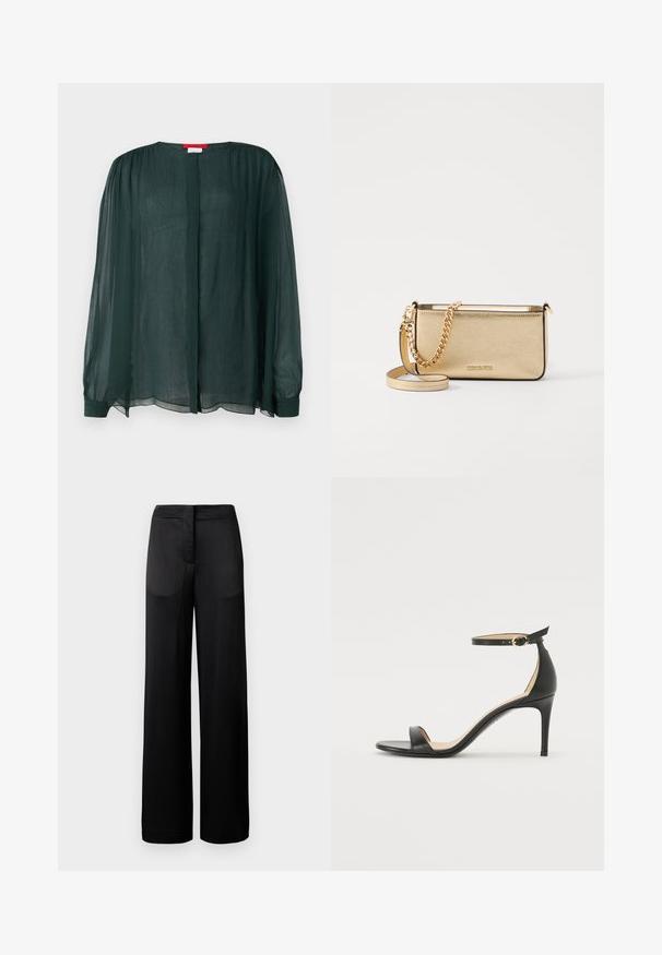 MAX&Co. SIGARO - Bluse - dunkelgruen; Schwarze weit geschnittene Hose mit strukturierter Oberfläche, ausgestattet mit einem flachen Bund und zwei Seitentaschen. Der Stoff wirkt leicht und fließend.; Schwarze Leder-high-heeled Sandale mit Knöchelriemen. Verfügt über eine glatte Textur, offene Zehen und einen dünnen Absatz. Goldfarbener Schnallenakzent.; Metallisch goldene Leder-Clutch mit strukturierter Oberfläche, ausgestattet mit einem goldenen Kettenriemen und einem abnehmbaren Schulterriemen. Markenlogo geprägt.