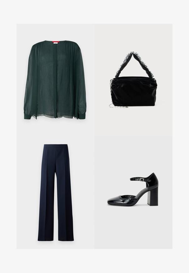 MAX&Co. SIGARO - Blūze - dunkelgruen; Platas kājas bikses tumši zilas auduma, ar gludu tekstūru, smalkiem priekšējiem krokām un saspringtu jostasvietu, kas nodrošina izsmalcinātu siluetu.; Melna lakota ādas augstpapēžu kurpes ar kvadrātu purngalu, potītes siksniņu un masīlu papēdi. Iekļauj perforētu apdari gar malu.; Melnā mākslīgās ādas rokassomu ar teksturētu apdari, kas piedāvā pērlītēm rotātu sudraba akcentu augšējā rokturī un ķēdes siksnu.