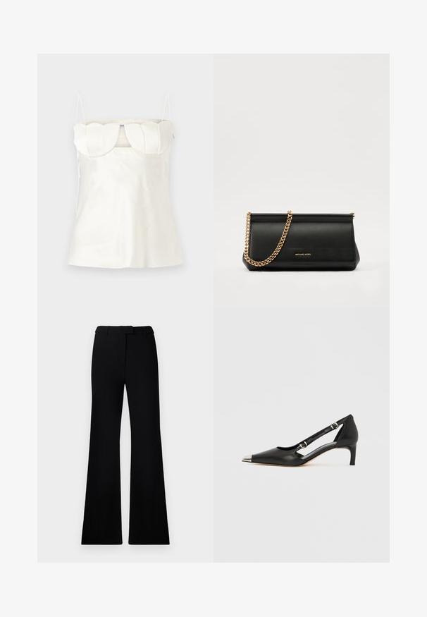 Bijela satenasta spavaćica s podesivim naramenicama, sa strukturiranom, valovitom bustom i ravnim rubom. Glatka tekstura i minimalistički dizajn.; Crne široke hlače s glatkom teksturom, krojenim pojasom i prednjim džepovima, dizajnirane s elegantnim, modernim siluetom.; Crni kožni kitten heel s nazubljenim srebrnim vrhom i dvostrukim remenčićima na bijeloj pozadini.; Crna kožna torbica sa zlatnim lančićem, koja se odlikuje glatkom teksturom, pravokutnim oblikom i utisnutim brendom na prednjoj strani.; Vivienne Westwood MINI BAS RELIEF EARRINGS - Naušnice - gold-coloured