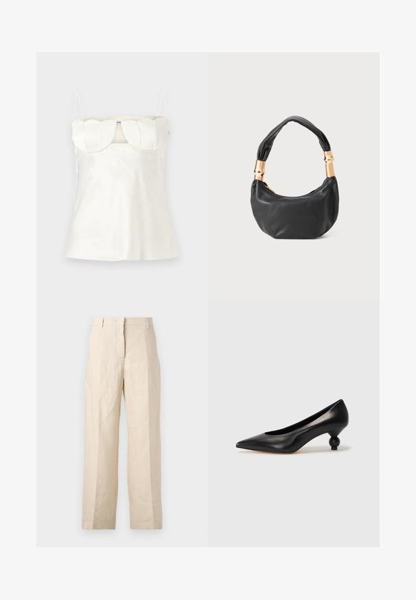 White satin camisole with adjustable straps, a structured, scalloped bust, and a straight hem. Smooth texture and minimalist design.; Beige linen trousers with a loose fit, pleated front, and straight legs. Features a waistband with belt loops and no visible pockets.; Black leather high heel shoe with a pointed toe and a round, balled heel. Smooth texture with a sleek, minimal design.; Black leather handbag with a round shape, soft texture, and a knotted handle featuring gold-tone hardware accents. Zipper closure.