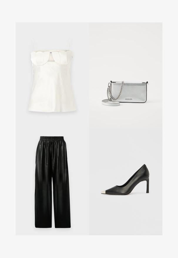 Bijela satenasta spavaćica s podesivim naramenicama, sa strukturiranom, valovitom bustom i ravnim rubom. Glatka tekstura i minimalistički dizajn.; Crne kožne hlače širokih nogavica s elastičnom trakom u struku, koje imaju dva bočna džepa i glatku, sjajnu površinu.; Crna kožna cipela s visokim potpeticama, špicastim vrhom i metalnim srebrnim vrhom. Ima glatku završnu obradu i tanku petu visine 10 cm.; Srebrna kožna torba preko tijela s teksturiranom završnom obradom, detaljima od lanca i trake, te zatvaranjem na zip. Ima logo na prednjoj strani.; Srebrna kožna torba preko tijela s teksturiranom završnom obradom, detaljima od lanca i trake, te zatvaranjem na zip. Ima logo na prednjoj strani.