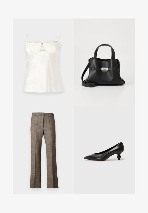 Hvid satin camisole med justerbare stropper, en struktureret, scalloped buste og en lige kant. Glat tekstur og minimalistisk design.; Bruneternet bukser med lige ben, der har et tekstureret stof og subtile farver af beige og mørkere brune nuancer i mønsteret.; Sort læder høje hæle med spids tå og rund, kugleformet hæl. Glat tekstur med et stilrent, minimalistisk design.; Sort læderhåndtaske med en tekstureret overflade, der har to bærehåndtag, en aftagelig skulderrem og en detalje med sølvspænde.