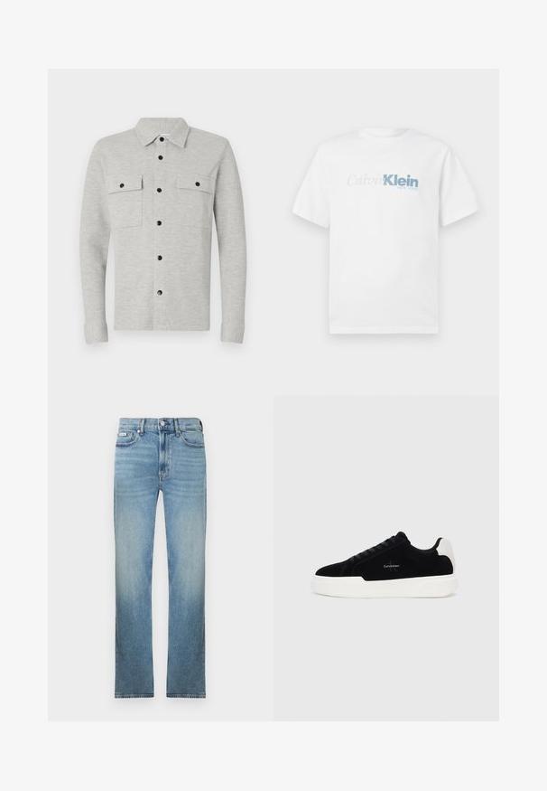 Šviesiai pilka marškinė su dviem krūtinės kišenėmis, juodais mygtukais ir klasikinėmis apykaklėmis. Minkšta medžiaga, ilgomis rankovėmis ir užlenktomis melsomis.; Balta trumpa rankovė T-marškiniai su "Calvin Klein New York" logotipu šviesiai pilka ir mėlyna spalvomis, centruotu ant priekinės pusės.; Šviesiai mėlyni džinsai iš džinso, tiesios kojų linijos, su penkių kišenių dizainu ir pašviesinta apdaila. Turi sagų užsegimą ir diržo kilpas.; Juodos žemos sportinės bateliai su balta padais ir kulno juostele, susirišami priekyje, su Calvin Klein logo šone.