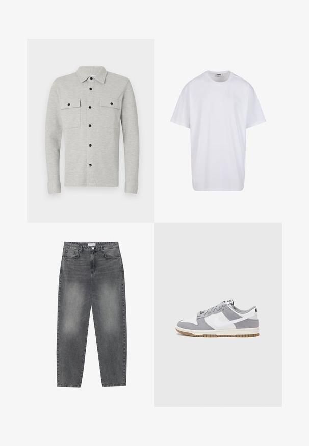 Ljust grå knäppt skjorta med två bröstfickor, svarta knappar och klassisk krage. Mjukt tyg med långa ärmar och manschetter.; Vit bomull t-shirt med korta ärmar, rundad halsringning, avslappnad passform och utan synliga logotyper eller mönster. Slät textur och minimal design.; Högmidjade, löst sittande jeans i blekt svart denim. Inkluderar fem fickor, bälteshällor och en ren, rak ben-design.; Grå och vit sneakers med överdel i mocka och läder, rund tå, platta snören och en gummisula med ett accent i gummi.