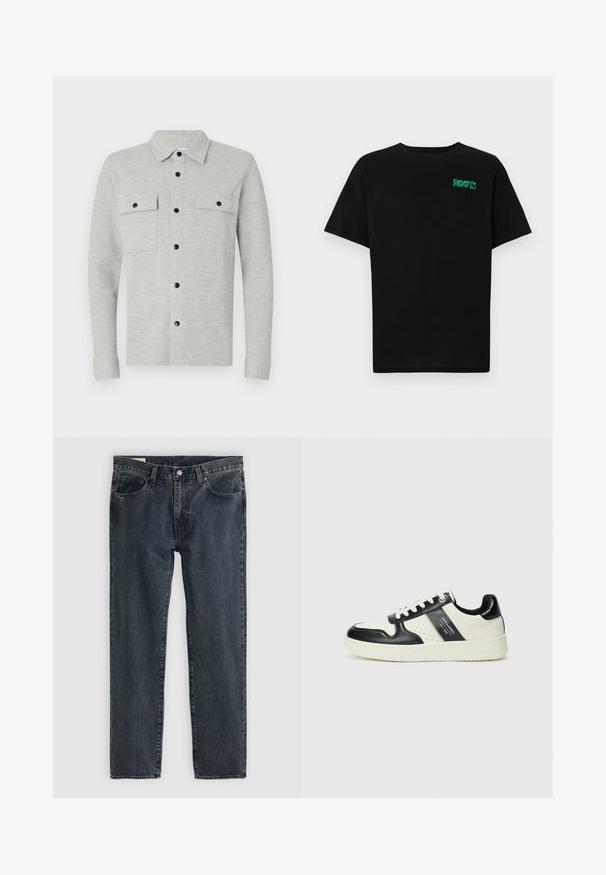 Šviesiai pilka marškinė su dviem krūtinės kišenėmis, juodais mygtukais ir klasikinėmis apykaklėmis. Minkšta medžiaga, ilgomis rankovėmis ir užlenktomis melsomis.; Juodas medvilninis marškinėliai trumpomis rankovėmis. Priekyje yra žalias „ROOTS“ logotipas, apvalus iškirpimas ir standartinė prigludimo forma.; Tamsiai mėlynos džinsinės kelnės su tiesioginiu kirpimu, penkiais kišenėmis ir mygtukų uždarymu. Audinys rodo subtilų išblukimą ir tekstūrą.; Odiniai sportbačiai juodos ir kreminės spalvų schemoje, su perforuotais akcentais, paminkštinta apykakle ir tekstūruotu padu.