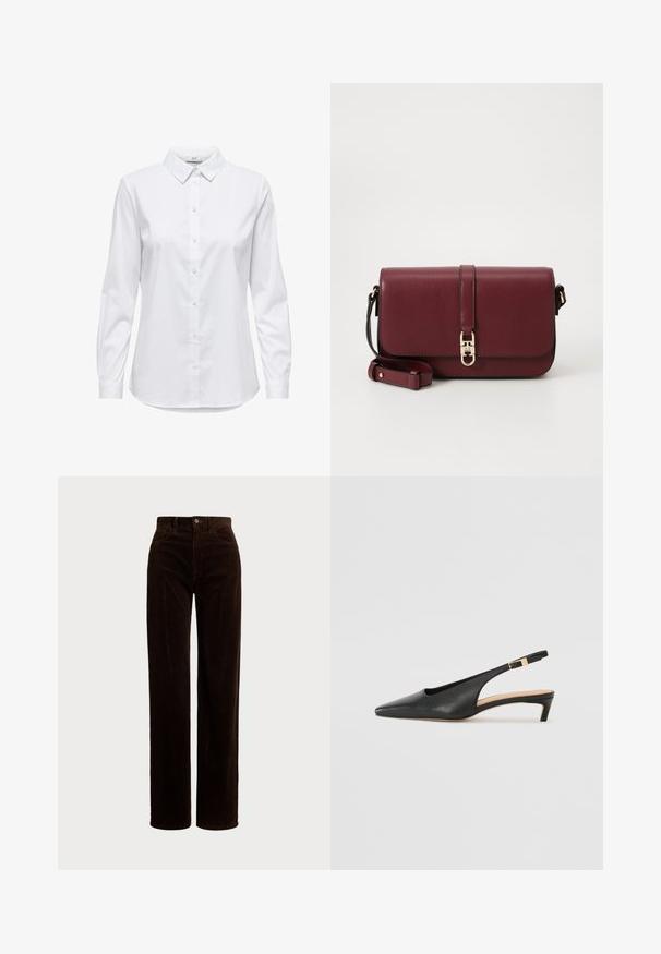 Biała koszula zapinana na guziki z długimi rękawami, z wyraźnym kołnierzykiem i zaokrąglonym dołem. Wykonana z gładkiego, jednolitego materiału bez widocznych wzorów ani akcentów.; Polo Ralph Lauren - Spodnie materiałowe; Czarne skórzane buty na obcasie typu slingback z ostrym noskiem, niskim obcasem i regulowanym paskiem na kostkę z złotym zapięciem. Gładka faktura.; Tommy Hilfiger - Torba na ramię
