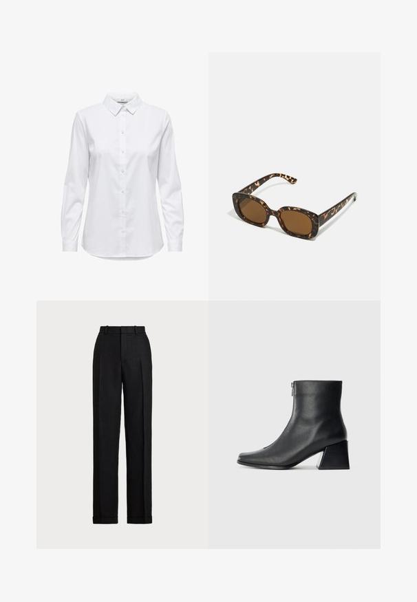 Camicia bianca con bottoni, maniche lunghe, colletto strutturato e orlo arrotondato. Realizzata in un tessuto liscio e uniforme, senza motivi visibili o dettagli.; Pantaloni neri a vita alta in lino. Presentano una gamba dritta, pieghe pressate e risvolti all'orlo. Nessuna tasca o chiusura visibile.; Stivaletto in pelle nera con punta quadrata, cerniera laterale e tacco squadrato su sfondo chiaro uniforme.; Occhiali da sole in tartaruga con una montatura rotonda e voluminosa e lenti marroni. Presentano delicati motivi e bracci dritti e affusolati.; Tommy Hilfiger LIBRE FLAP CROSSOVER - Borsa a tracolla - deep rouge