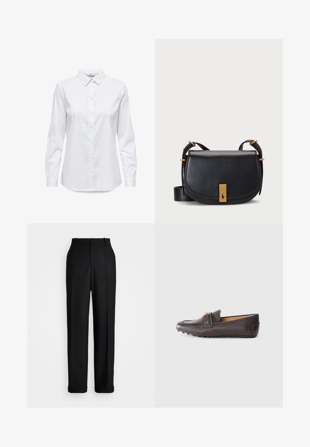 White button-up shirt with long sleeves, structured collar, and rounded hem. Made from a smooth, solid fabric with no visible patterns or accents.; Polo Ralph Lauren HIGH RISE RELAXED STRAIGHT TROUSER - Trousers - black; Brown leather loafer with a rounded toe, decorative strap, and gold hardware accent. Textured sole for grip and stability.; Black leather crossbody bag with curved shape, gold-tone hardware, and a front plaque detail featuring logo. Adjustable strap included.