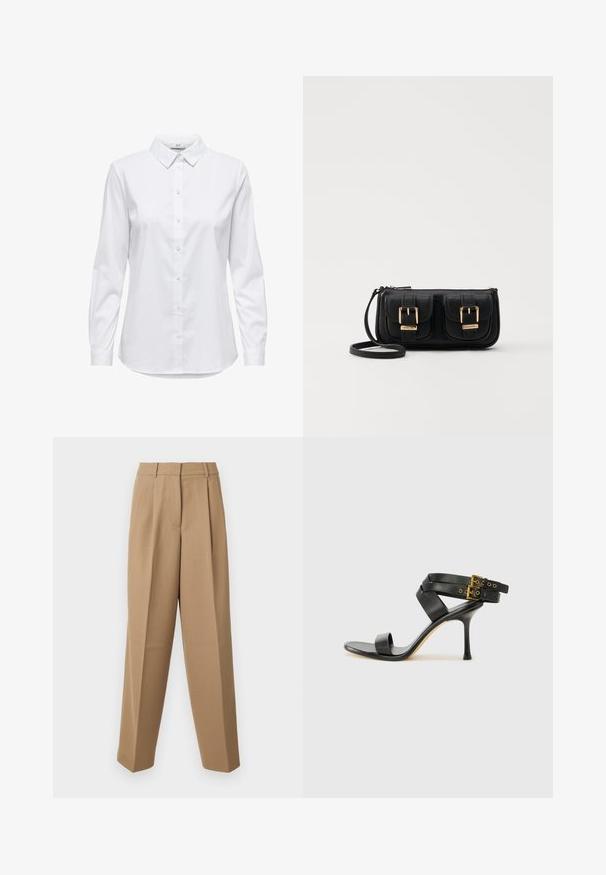 Hvit skjorte med lange ermer, strukturert krage og rund nederkant. Laget av et glatt, ensfarget stoff uten synlige mønstre eller detaljer.; Beige skræddersyede bukser med høj talje, plisseret front og brede ben. Stof virker glat med en let glans.; Svarte hælsandaler med kryssende stropper og justerbar spenne. Har en jevn tekstur og avsmalnende stilettoklakk.; Svart skinn crossbody veske med to frontlommer, gyldne spenner, glidelåslukking og en slank stropp. Teksturert overflate og kompakt rektangulær form.