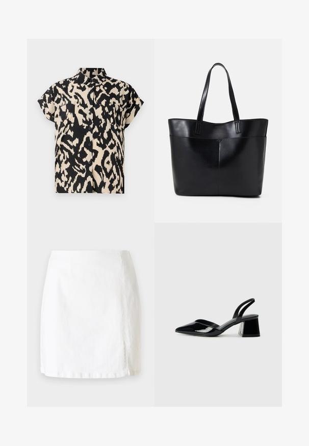 Košulja kratkih rukava na dugme s crno-bež uzorkom leoparda. Ima kragnu i dva džepa na prsima.; Bijela denimska mini suknja ravnog kroja, s malim bočnim prorezom i čistim detaljima šivanja za minimalistički dizajn.; Crne lakirane kožne sandale s otvorenom petom i špicastim vrhom, s geometrijskom blok petom. Imaju elegantan, minimalistički dizajn i glatku teksturu.; Crna kožna torba s dugim ručkama, glatkom teksturom i strukturiranim oblikom. Ima prednju džep za dodatno pohranu.