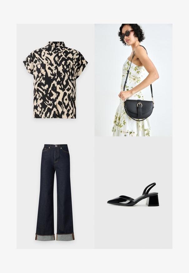 Short-sleeve, button-up shirt in a black and cream leopard print pattern. Features a collared neckline and two chest pockets.; Vero Moda VMTESSA WIDE FOLD UP - Wide Leg - dark blue denim; Black patent leather slingback heels with a pointed toe and a geometric block heel. Features a sleek, minimal design and smooth texture.; Black leather handbag with a curved shape, detachable strap, and gold hardware. The bag features a flap with a buckle detail.