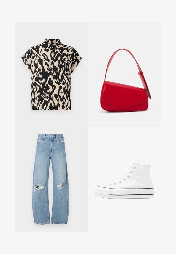 Kortermet, knapp-up skjorte i et svart og kremfarget leopardmønster. Har krage og to brystlommer.; Lyseblå høytlivsjeans laget av denim. Har vide bein, to revne knær og klassisk fem-lommers design.; Hvit høy-skinn kanvas sneakers med svart gummisåle, gummitåhette foran og seks hull for snorer, med et rent, minimalistisk design.; Rød lærveske med en vinklet, geometrisk design. Har en enkelt justerbar stropp og en klaffelukking med sydd detaljer.