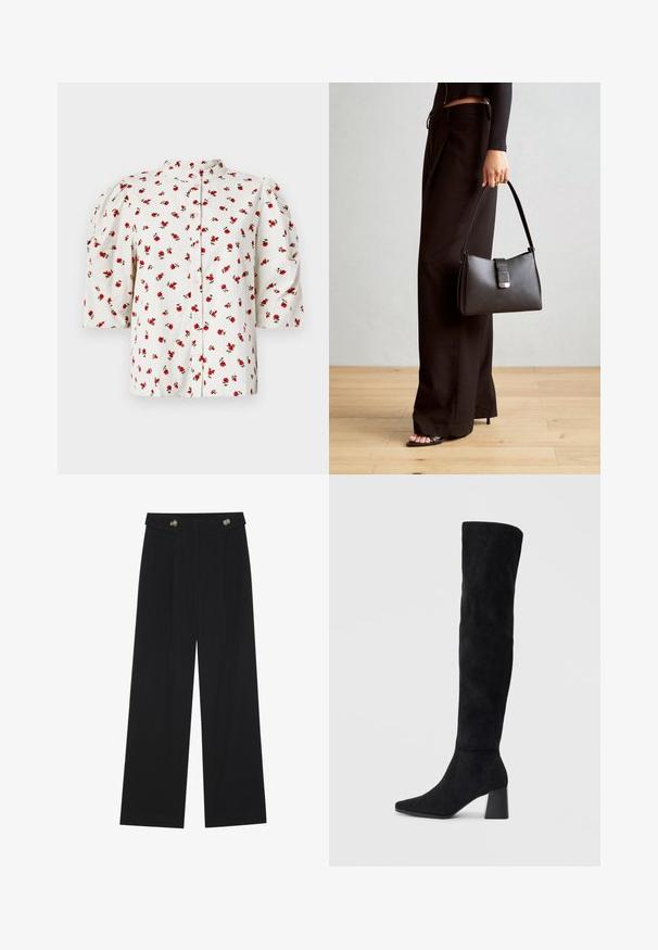 Bela bluzica s kratkimi rokavi in gumbnim zapiranjem, okrašena s cvetličnim vzorcem rdečih vrtnic in zelenih listov; ima napihnjene rokave za dodatno volumen.; Črne široke hlače s visokim pasom, gumbnimi detajli na pasu in sprednjimi gubami.; Črne semiš škornje do kolen z blok peto, s koničastim nosom in gladkim, brezšivnim dizajnom na enostavni svetli podlagi.; Črna torbica z strukturirano obliko, gladko teksturo in kovinskim zaponko. Ujemajo se z širokimi črnimi hlačami in odprtimi sandali na lesenem tleh.