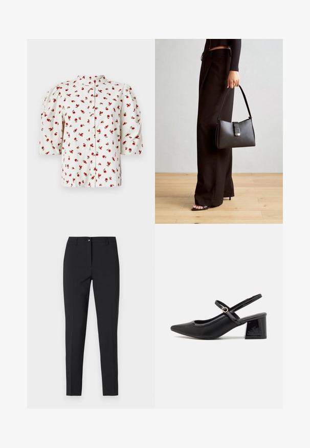 Hvit kortermet bluse med knappelukking foran, med et blomsterdesign av røde roser og grønne blader; har puffermer for ekstra volum.; Sorte tettsittende bukser i glatt stoff, med klassisk midjebånd, frontal glidelås og sidelommer, med en strømlinjeformet, skreddersydd design.; Sorte lakk lær slingback hæler med spiss tå, et avrundet utskjæringsdesign og blokkheel. Har en gulltone spenne som detalj.; Svart håndveske med strukturert form, jevn tekstur og metallisk lås. Kombinert med brede svarte bukser og sandaler med åpen tå på tregulv.