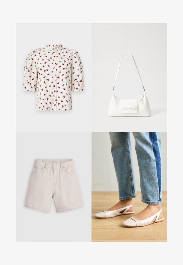 Weiße Bluse mit kurzen Ärmeln und Knopfleiste, die ein florales Muster aus roten Rosen und grünen Blättern zeigt; hat Puffärmel für zusätzliches Volumen.; Hochtaillierte beigen Denim-Shorts mit einer geknöpften Vorderseite, Gürtelschlaufen und einem Fünf-Taschen-Design; leicht mit einer glatten Textur.; Blassrosa Slingback-Ballerinas mit spitzem Punkt, aus einem glatten, lederähnlichen Material. Mit Ausschnitten an den Seiten und einem flachen Absatz.; Weiße synthetische Handtasche in dreieckiger Form, flache Vorderklappe und Schleifendetail, verstellbarer Trageriemen, glatte Textur und minimalistisches Design.