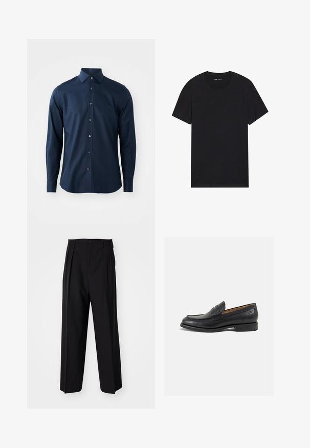 Camisa de dress masculina de manga longa azul-marinho com botão na frente e colarinho pontiagudo, contra um fundo branco liso.; Camiseta de algodão preta com mangas curtas e decote redondo. O tecido tem uma textura suave e um design simples e liso.; Calças pretas plissadas com um design reto e de perna larga. Feitas de um tecido liso, apresentam um fecho de botão e passantes para cinto.; Mocassins pretos de pele com um acabamento suave, bico redondo e costura decorativa no a parte superior. Salto baixo e empilhado com um ligeiro brilho.