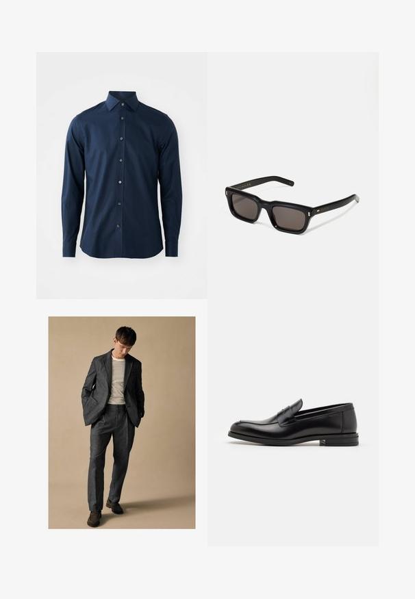 Jūras spēku zila vīriešu krekliņš ar garām piedurknēm, pogu priekšpusē un uzgala apkakli uz vienkārša balta fona.; Pelēks piegriezts uzvalks ar izgrieztām atlokām un priekšējām kabatām, apvienots ar svītrainu krekli. Biksēm ir brīva piegriezuma forma un krokas detaļa. Brūni apavi.; Melnas ādas kurpes ar gludu tekstūru, noapaļu purngalu un dekoratīvu siksniņu pāri priekšpusei. Zems sakrauts papēdis, minimālisma dizains.; Melnas taisnstūra formas saulesbrilles ar tumšiem stikliem, bieza plastmasas rāmja, zelta akcenti pie tempļiem un zīmola logo iegravēts roku daļā.