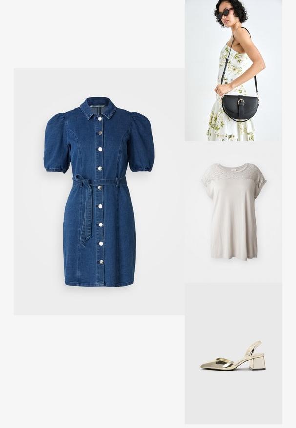 Šviesiai smėlinis trumpomis rankovėmis marškinėliai su tekstūriniu, raštuotu pečių įdėklu. Minkšta medžiaga, laisvas kirpimas ir apvalus iškirpimas. Be papildomų akcentų.; Tamsiai mėlyna džinsinė suknelė su pūstomis trumpomis rankovėmis, apykaklės iškirpte, priekyje su sagų užsegimu ir per juosmenį surišamu diržu. Glotni tekstūra.; Auksiniai, metaliniai slingback aukštakulniai bateliai su smailiu pirštu ir masyviu kulnu. Lygus paviršius, minimalizmo dizainas ir siaura juostelė.; Juodas odinis krepšys su išlenkta forma, nuimamu dirželiu ir auksiniais detalėmis. Krepšys turi kilpą su sagtimi.