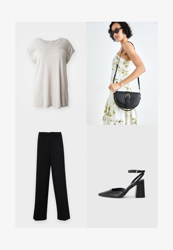 Light beige short-sleeve t-shirt with a textured, patterned yoke. Soft fabric with a relaxed fit and round neckline. No additional accents.; Black wide-leg trousers made of smooth fabric, featuring a classic waistband with a button closure and front pleats.; Black leather pointy-toe pump with an ankle strap and a chunky heel. Flat texture, sleek design, and minimalistic aesthetics.; Black leather handbag with a curved shape, detachable strap, and gold hardware. The bag features a flap with a buckle detail.