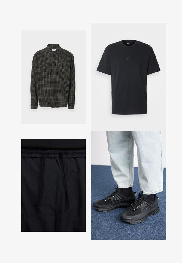 Camisa de botão xadrez verde e preta com mangas longas, dois bolsos no peito e um pequeno logótipo branco lado esquerdo.; T-shirt de algodão preto da Nike com um clássico decote redondo, mangas curtas e um logótipo em relevo discreto no peito. Textura suave.; Calções pretos com um cós elástico ajustável, fabricados em tecido leve com uma textura suave e um design simples, sem logótipos ou padrões visíveis.; Sapatilhas desportivas pretas com tecido texturizado e solas em borracha, apresentando atacadores elásticos e um detalhe azul no calcanhar. Usadas com calças de ganga claras.