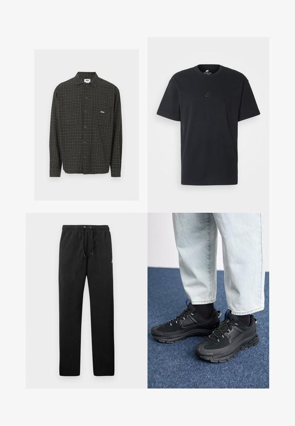 Grön och svart rutigt skjorta med long ärm, två bröstfickor och en liten vit logotyp på vänster sida.; Svart t-shirt i bomull från Nike med klassisk rund halsringning, korta ärmar och en diskret, präglad logotyp på bröstet. Slät textur.; Svarta sweatpants i fleece, med resårmidja och dragsko, två framfickor och en liten logotyp på låret.; Svarta sportskor med texturerat tyg och gummisulor, med elastiska snörningar och en blå detalj på hälen. Bärs med ljusa jeans.