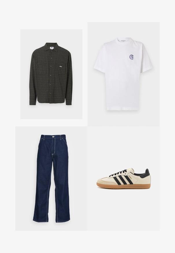 Groen en zwart geruite overhemden met lange mouwen, twee borstzakken en een klein wit logo aan de linkerkant.; Wit katoenen T-shirt met korte mouwen, ronde hals en een klein, geborduurd blauw "C"-logo op het linker borstgebied.; Donkerblauwe denim broeken met wijde pijpen, met een hoge taille, voorzakken en contrasterende witte stiksels langs de naden.; Beige sportieve schoen met zwarte strepen, gumrubberen zool en zwarte accenten. Beschikt over een gladleren bovenkant en een ronde neusdesign.