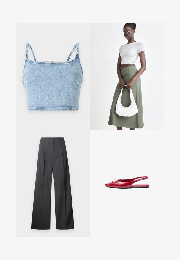 Svijetloplavi traper crop top s tankim podesivim trakama, s prednjim zatvaranjem na zip i glatkom teksturom, dizajniran za uski kroj.; Hlače širokih nogavica u tamnosivoj tkanini, s visokim strukom, jednim naborom i glatkom teksturom s urednim završetkom na rubovima.; Crvene kožne cipele s remenom oko pete, ravne, s šiljastim vrhom i dekorativnim vezanjem sprijeda, s uskim remenom oko gležnja i ravnim đonom.; Sivi rebrasti crop top i maslinasto zeleni suknja visokog struka. Model drži bijelu torbu preko ramena s izrezima. Jednostavan dizajn, tijesna silueta.