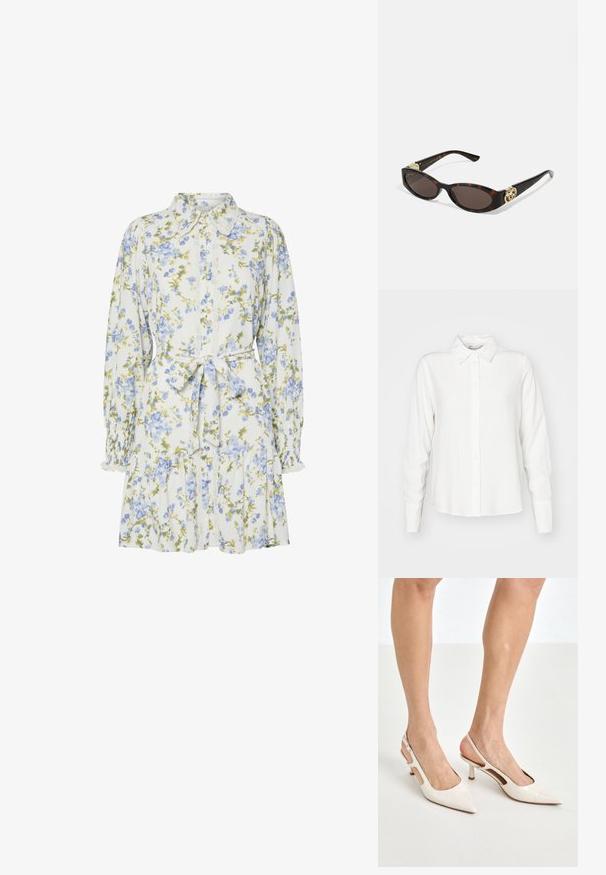 Biała, długi rękaw, koszula z guzikami z kołnierzykiem, wykonana z gładkiego materiału; charakteryzuje się prostym krojem i subtelną fakturą.; Kwiatowa sukienka w bieli z niebieskimi i zielonymi kwiatami, z kołnierzykiem, zapinana na guziki z przodu, z długimi rękawami z elastycznymi mankietami i paskiem w talii.; Beżowe lakierowane szpilki z odkrytą piętą, zakończone spiczastym noskiem i 5 cm obcasem, z wyciętymi bokami oraz cienkim paskiem na kostce.; Słoneczne okulary w kolorze żółwi z wydłużonymi owalnymi soczewkami, brązowym odcieniem, złotymi akcentami logo na zausznikach oraz smukłymi czarnymi ramionami.; Beżowa torebka w wzory o zakrzywionym kształcie, z skórzanymi akcentami i złotym logo z przodu. Posiada krótki uchwyt, co ułatwia noszenie.; Lauren Ralph Lauren - Naszyjnik