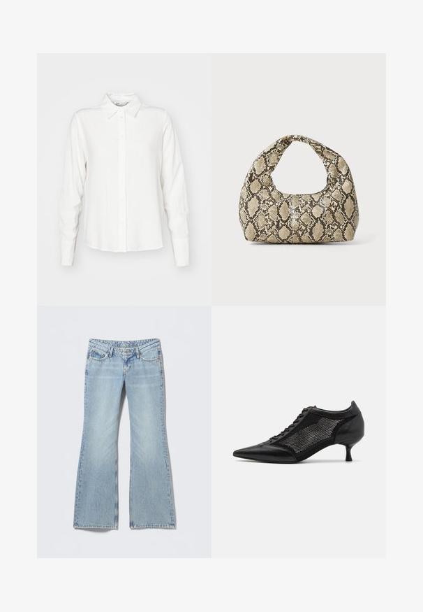 White, long-sleeve button-up shirt with a collar, made from smooth fabric; features a straight cut and subtle texture.; Light blue flared jeans with a faded finish, five-pocket design, and contrasting stitching. Cotton denim with a smooth texture.; Black pointed-toe shoe with a mesh panel design, featuring a low heel and lace-up front. Made from a combination of leather and mesh material.; Snake-print handbag with a curved handle. Made from textured, beige and brown materials, featuring a distinctive diamond pattern.