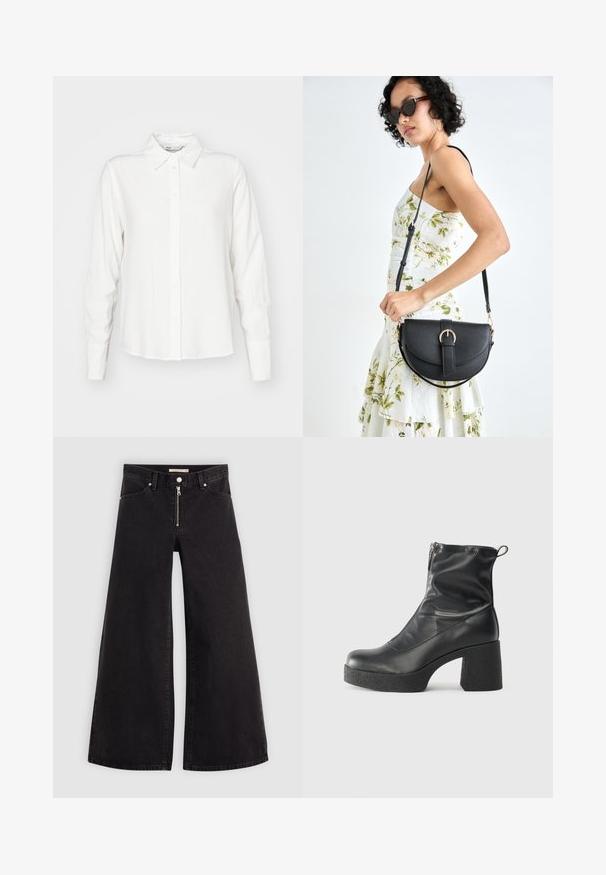 Valge, pikkade varrukatega nööbiga särk kraega, valmistatud siledast kangast; omab sirget lõiget ja peent tekstuuri.; Laiad teksad mustast denimist, millel on lukuga eesmine osa, viie taskuga disain ja peened õmblusdetailid. Sile tekstuur ja juhuslik stiil.; Mustad mustad ansapüksid, mis on valmistatud siledast nahast, külje zipperiga, paksu tekstuuriga kontsaga ja ümmarguse nina disainiga.; Mustmust mustraha kõverate joontega, eemaldatava rihmaga ja kuldsete detailidega. Kotil on klapp, millel on pandladetail.