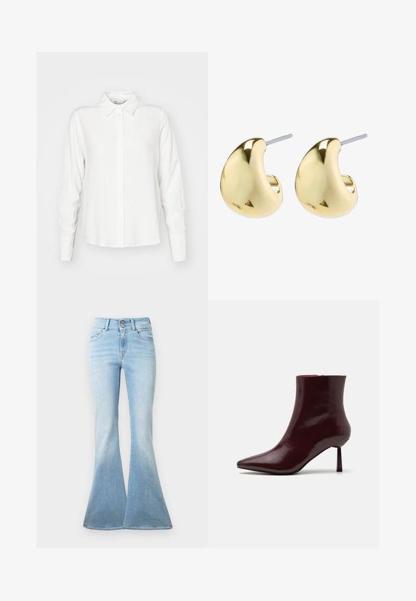White, long-sleeve button-up shirt with a collar, made from smooth fabric; features a straight cut and subtle texture.; Light blue flared jeans made of denim. Features a high waist with two buttons and slight fading towards the hem. Classic five-pocket design.; Burgundy patent leather ankle boot with a pointed toe and a slim stiletto heel, featuring a smooth, glossy texture and minimalistic design.; Gold-colored earrings with a smooth, rounded shape featuring a reflective surface and a post back for secure wear.