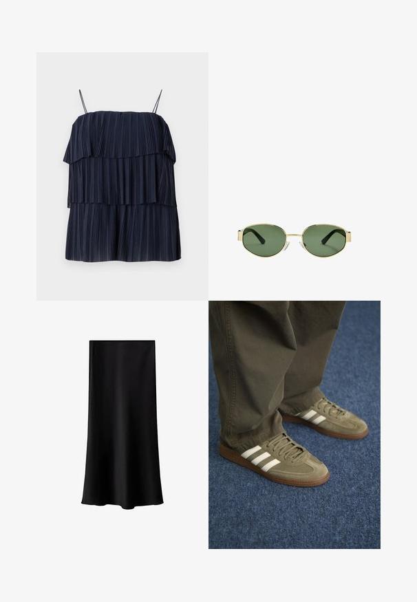 Marineblauw geplooid top met gelaagd ontwerp, dunne bandjes en zachte textuur. Elke laag heeft verticale plooien, waardoor diepte en beweging ontstaan.; Zwarte midi rok gemaakt van soepel, lichtgewicht materiaal. Heeft een rechte snit, geen zichtbare hardware en een eenvoudig ontwerp zonder patronen.; Groene suede sneakers met drie witte strepen, een bruine rubberen zool en gestructureerde veters, gecombineerd met olijfgroene broeken op een blauwe vloer.; Gouden metalen montuur zonnebril met groene getinte lenzen, ovale vorm, zwarte pootjes en doorzichtige neuspads. Strak, minimalistisch ontwerp.