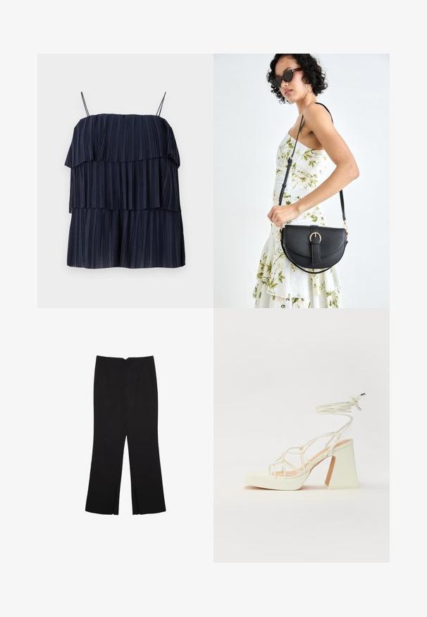 Navy blue pleated top with layered design, thin straps, and soft texture. Each layer features vertical pleats, creating depth and movement.; Black trousers with a straight fit, featuring front pockets and side slits at the hem. Made of soft, smooth fabric. Suitable for various occasions.; White high-heeled sandal with a chunky heel, featuring a strappy design and ankle tie. Smooth texture with a platform front for added height.; Black leather handbag with a curved shape, detachable strap, and gold hardware. The bag features a flap with a buckle detail.