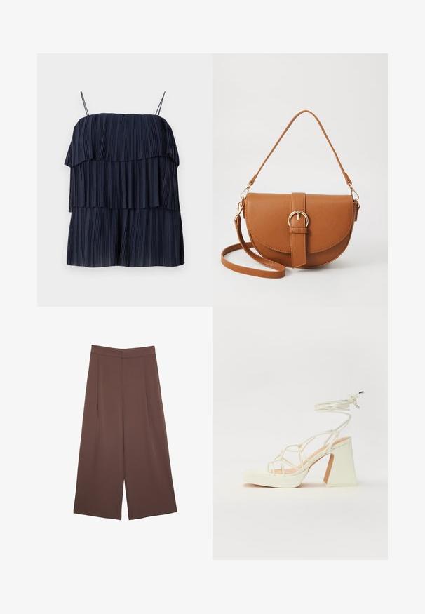 Haut plissé bleu marine avec un design en couches, des bretelles fines et une texture douce. Chaque couche présente des plis verticaux, créant de la profondeur et du mouvement.; Pantalons larges marron avec une texture lisse, dotés d'une taille haute et de plis à l'avant. Le tissu est léger et tombe de manière fluide.; Sandale blanche à talons hauts avec un talon épais, présentant un design à lanières et un lien autour de la cheville. Texture lisse avec une plateforme à l'avant pour une hauteur supplémentaire.; Sac bandoulière en cuir marron avec une forme incurvée, quincaillerie dorée et un accent en boucle. Comprend une bandoulière détachable.