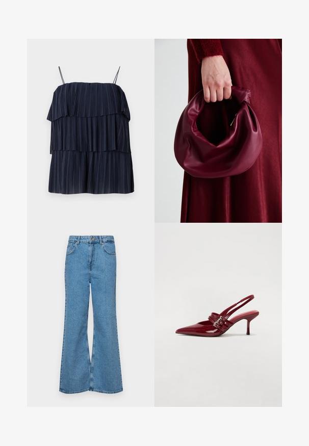 Modra navy pleated majica z večplastno zasnovo, tankimi naramnicami in mehkimi teksturami. Vsaka plast ima vertikalne naborke, ki ustvarjajo globino in gibanje.; Svetlo modri razširjeni džins hlače iz denima, z visokim pasom, petimi žepi in enim gumbom za zapiranje. Mehka tekstura z blagim zbledelim videzom.; Rde lakirane sandalete na peto s ostrim nosom, dvema sponkami in tanko, srednje visokim peto središče. Gladka tekstura.; Bordo usnjeni ročni torbici s mehak, nabrana zasnova in okrogla oblika. Ročaj je varen in prikazuje gladko teksturo.