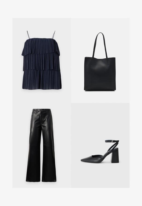 Haut plissé bleu marine avec un design en couches, des bretelles fines et une texture douce. Chaque couche présente des plis verticaux, créant de la profondeur et du mouvement.; Pantalons larges en faux cuir noire taille haute avec bouton avant, fermeture éclair, passants de ceinture et poches latérales sur fond blanc.; Escarpin noir en cuir à bout pointu avec une bride de cheville et un talon épais. Texture lisse, design élégant et esthétique minimaliste.; Sac fourre-tout en cuir noir avec une texture lisse, de forme rectangulaire et deux longues poignées. Pas de matériel ou d'ornementations visibles.