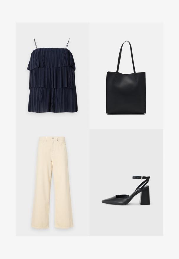 Haut plissé bleu marine avec un design en couches, des bretelles fines et une texture douce. Chaque couche présente des plis verticaux, créant de la profondeur et du mouvement.; Jean large beige en coton. Doté d'une fermeture à bouton, de passants de ceinture et de poches avant avec une texture douce et lisse.; Escarpin noir en cuir à bout pointu avec une bride de cheville et un talon épais. Texture lisse, design élégant et esthétique minimaliste.; Sac fourre-tout en cuir noir avec une texture lisse, de forme rectangulaire et deux longues poignées. Pas de matériel ou d'ornementations visibles.