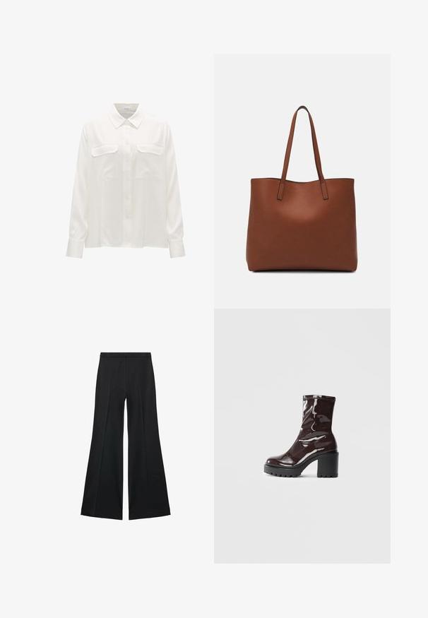 Long-sleeved white shirt made from smooth fabric, featuring a classic collar, front button closure, and two chest pockets with flap accents.; Black wide-leg pants with a smooth texture, featuring front pleats and a tailored design. The fabric is lightweight and flowy.; Glossy burgundy ankle boot with a chunky black heel, featuring a smooth texture and simple design. No visible fastenings or patterns.; Brown leather tote bag with a smooth texture, open top design, and two shoulder straps. Features minimal stitching and no visible hardware.