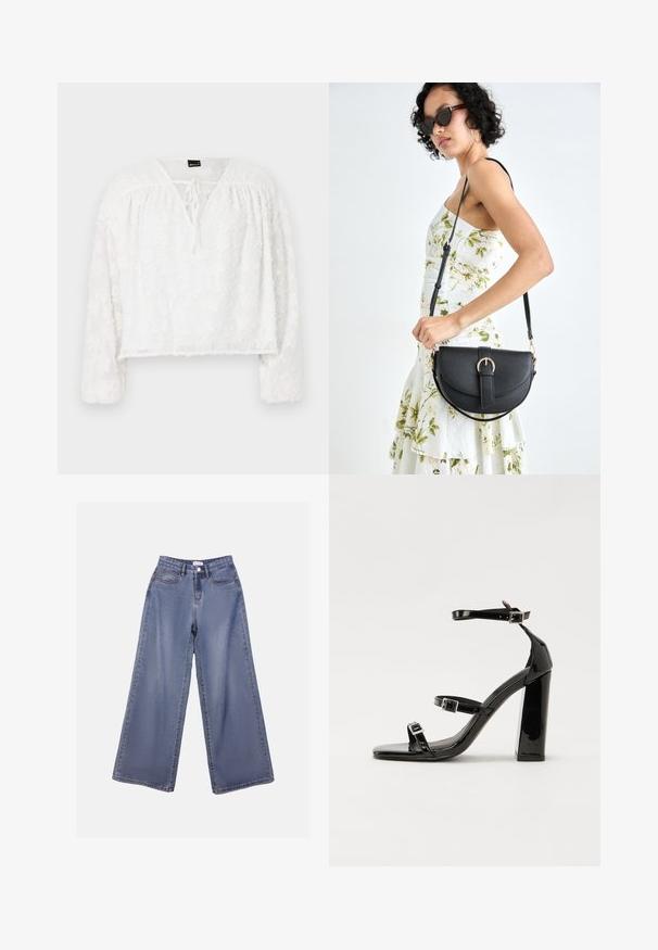 Blusa corta blanca con mangas largas, diseño de encaje floral texturizado, cuello en V y detalle de lazo en la parte delantera. Material suave y translúcido.; Jeans de mezclilla de pierna ancha en un lavado azul claro, con una cintura alta, bolsillos frontales y un cierre de botón con trabillas para el cinturón.; Sandalias de tacón de charol negro con punta cuadrada, correas en el tobillo y hebillas plateadas. Presentan un tacón grueso para mayor estabilidad.; Bolso de piel negra con forma curva, correa desmontable y herrajes dorados. El bolso cuenta con una solapa con un detalle de hebilla.