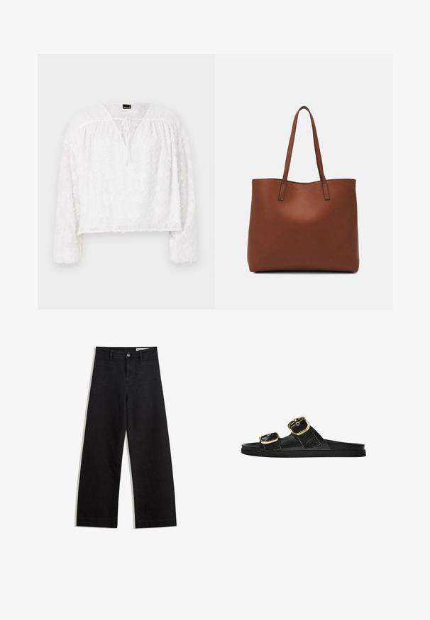 White cropped blouse with long sleeves, textured floral lace design, V-neckline, and tie detail at the front. Soft, sheer material.; Black wide-leg denim pants with a high waist, featuring front and back pockets, stitched seams, and a button closure. Smooth texture.; Black slide sandal with two gold buckle accents, smooth textured material, flat sole, and a minimalist design.; Brown leather tote bag with a smooth texture, open top design, and two shoulder straps. Features minimal stitching and no visible hardware.