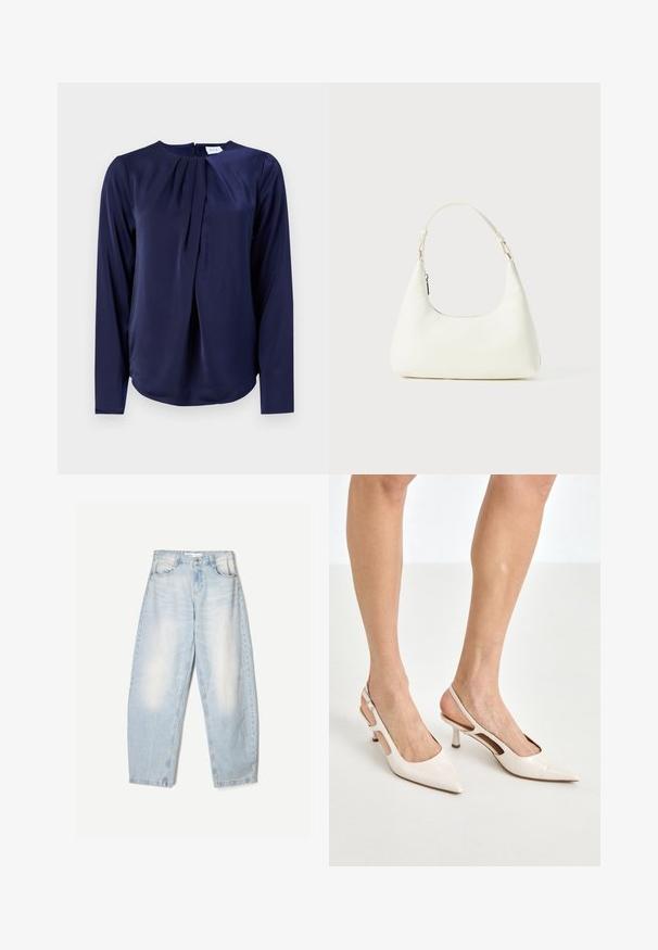 Marineblaue Bluse mit langen Ärmeln, rundem Halsausschnitt und vorderer Faltenstruktur, aus glattem, glänzendem Material gefertigt.; Hellblaues Spitzen-Top mit dünnen Trägern, versehen mit einem gewellten Spitzenrand und floralem Muster, entworfen für eine figurbetonte Silhouette.; Hellblaue Jeans aus Denim mit lockerer Passform, im ausgewaschenen Finish, zwei Fronttaschen und einem Knopfverschluss am Bund.; Beige Lackleder Slingback-Absätze mit spitzem Fuß und 5 cm Absatz, mit ausgeschnittenen Seiten und einem schmalen Knöchelriemen.; Kleine weiße Schultertasche mit einem verstellbaren Tragegurt und einem Reißverschluss, vor einem schlichten weißen Hintergrund.