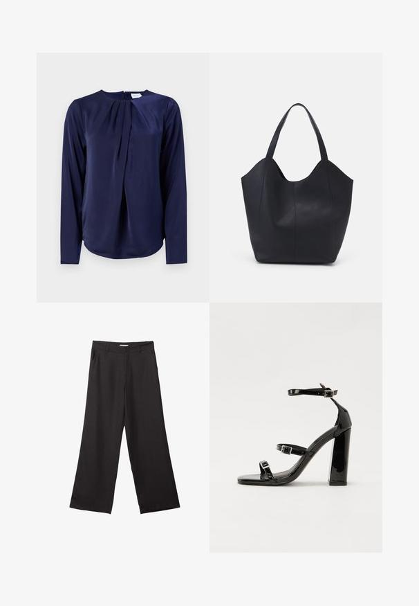 Granatowa bluzka z długim rękawem, okrągłym dekoltem i detalem w postaci plis na przodzie, wykonana z gładkiego, błyszczącego materiału.; Czarne spodnie z szerokimi nogawkami, wykonane z gładkiego materiału, z przednim zamkiem błyskawicznym i dwoma bocznymi kieszeniami, o dopasowanym kroju i minimalistycznym wzornictwie.; Czarne lakierowane sandały na wysokim obcasie, z dwoma paskami zapinanymi na klamry, kwadratowy nosek i masywny obcas typu słupek, o gładkiej, błyszczącej fakturze.; Czarna torba na ramię wykonana z gładkiej skóry, z zaokrąglonym, otwartym topem i dwoma paskami na ramię oraz minimalistycznym designem.